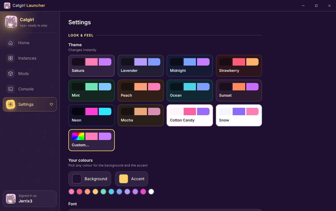 Theme picker with twelve themes and a custom colour option